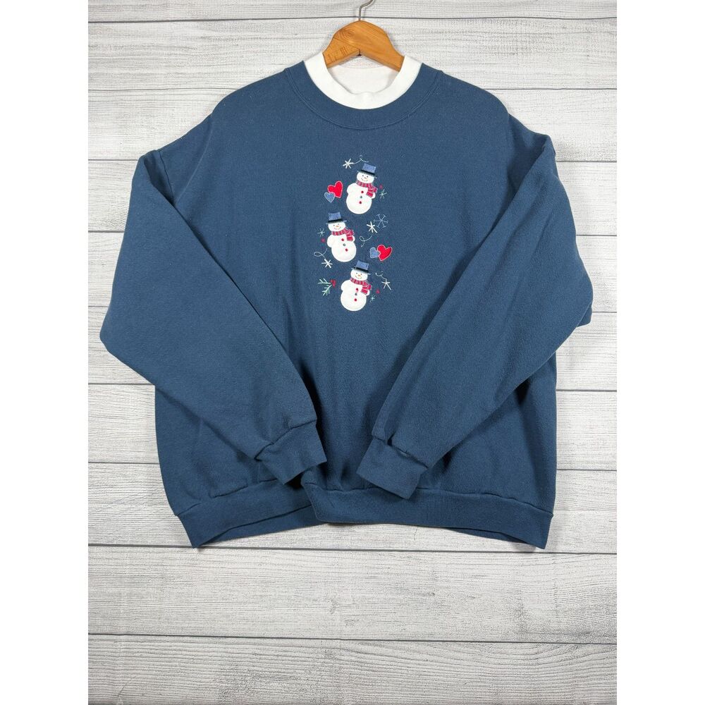 Vintage Endless Designs 1X Navy Snowman Heart Winter Sweatshirt 4062